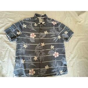 Tommy Bahama Size XL Hawaiian Shirt Gray Floral Stripe 100% Silk Short Sleeve